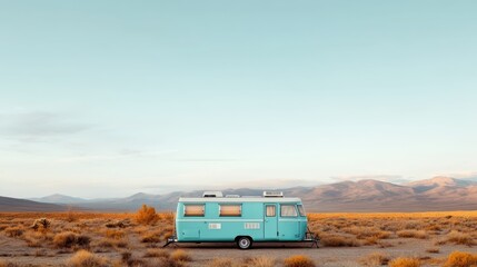 A vintage turquoise-colored camper van parked in a vast desert landscape, under a clear blue sky and surrounded by mountains. It exudes a sense of adventure and nostalgia.