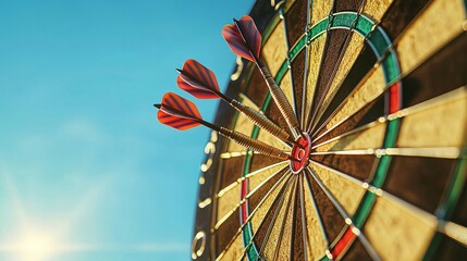 Business Success Achieve Goal  A dartboard shown in partial view with three darts in striking colors perfectly hitting the bullseye