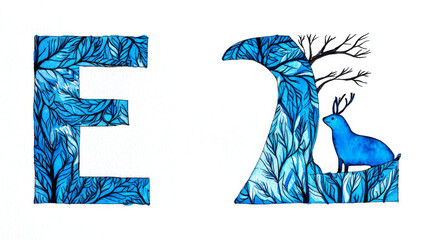 Watercolor illustration of the letter 'E' and a blue deer.