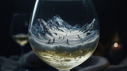 Wall Mural -   A magnified image of a wine glass containing a photograph of skiers on a mountain