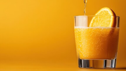 This striking image shows a glass of orange juice set against a vibrant yellow background, highlighting the juice's freshness and energizing qualities, ideal for ads.