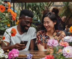 Friend woman selfie phone posing photographing couple cafe table shop coffee shop bar social media shot snapshot fun love romance young friendship photo happy together