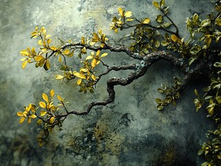 Canvas Print - Close-Up of a Twisted Branch with Yellow Leaves