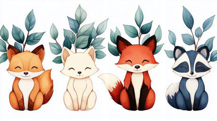 Wall Mural - Cute watercolor illustration of four woodland animals.