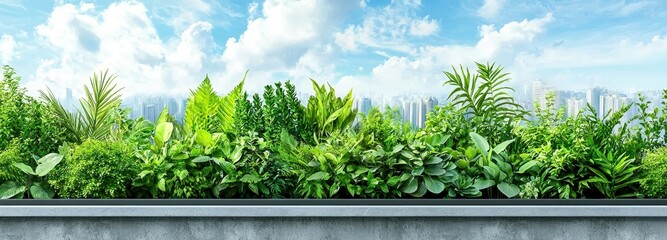 Lush green plants on a rooftop garden against the sky background.