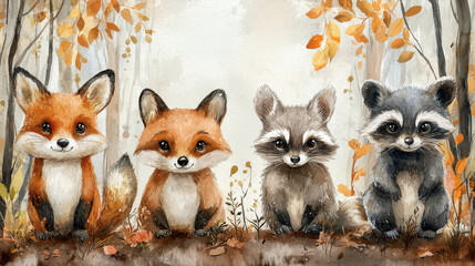 Wall Mural - Two foxes and two raccoons in an autumn forest.