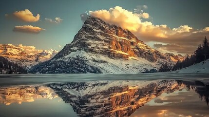 Wall Mural -   Snow-covered mountaintop with lake in fg & cloudy sky, reflecting in water below