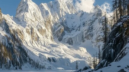 Wall Mural -   A snow-covered mountain range with trees in the foreground and a body of water in the center