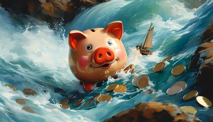 Whimsical piggy bank navigating turbulent waters, embodying the spirit of financial adventure and exploration