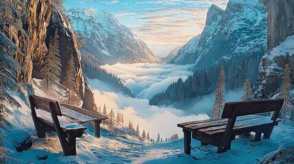 Wall Mural -  Two wooden benches rest on a snow-covered peak beside a valley of snow-capped mountains