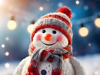 winter holiday christmas background banner - closeup of cute funny laughing snowman with wool hat an