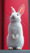 © Vertigo Images - A fluffy white rabbit stands on its hind legs, looking up with curious, dark eyes.