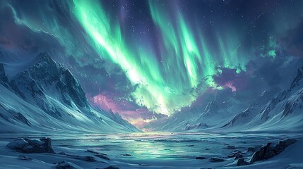 Wall Mural -   A stunning painting depicts a majestic mountain landscape under an Aurora Borealis-filled sky, with a serene body of water in the foreground