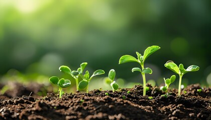 Emerging green seedlings in rich soil, representing growth and fresh beginnings in the beauty of nature