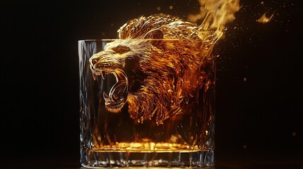 Wall Mural -   Close-up photo of whiskey glass with bear face and flames erupting