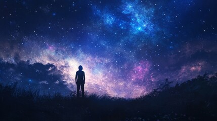 Wall Mural - A distant silhouette of a person gazing up at a starry sky.