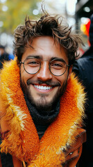 Canvas Print - Smiling man in a fuzzy orange jacket.