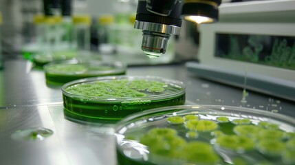   A green substance in a petri dish on a table with a microscope in the background