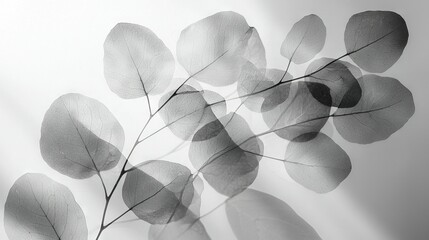 Wall Mural -   Branch of a tree against white wall in black and white Leaves in the foreground