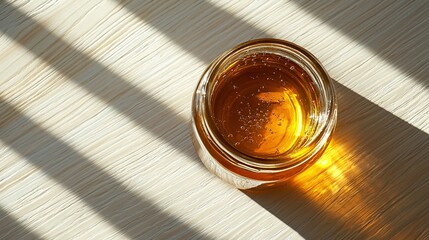 Wall Mural -   A glass jar containing liquid rests atop a wooden table near a hand shadow