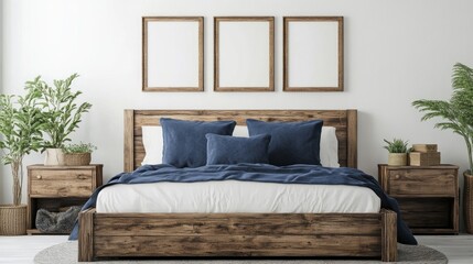 Rustic wooden bed with blue pillows, two bedside cabinets, and three poster frames on a white wall in a farmhouse-style bedroom.