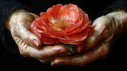 Wall Mural -   A close-up photo of one person's hands holding a flower in the other hand