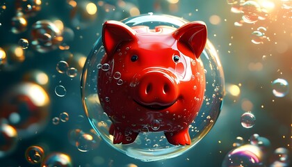 Playful piggy bank drifting in water surrounded by bubbles, embodying the fun side of savings and financial planning