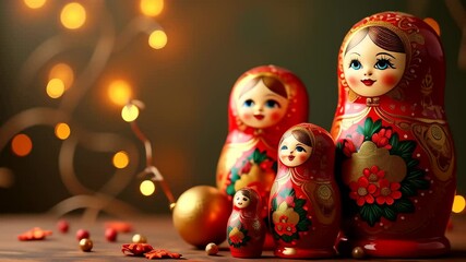 Wall Mural - A red Russian doll sits on a table with other dolls and ornaments