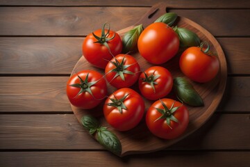 Tomatoes on a wooden table on a dark background. ai generative