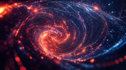 Wall Mural - A 3D abstract object resembling a spiral galaxy made of glowing neon lines, twisting in a dark, infinite void.