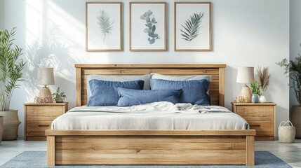 Wooden bed, blue pillows, and two bedside cabinets in a modern farmhouse bedroom with three posters on a white wall.