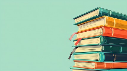 Wall Mural -   A pile of books layered on a blue-green background facing a blue sky