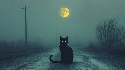   A black cat sits on a road under a full moon in the background