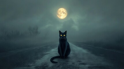 Canvas Print -   A black cat sat on a road at midnight beneath a full moon in the sky