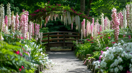 Poster - Serene Garden Path with Floral Arch and Bridge