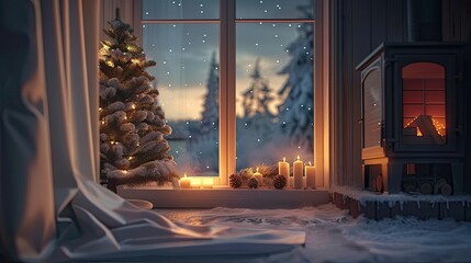 Wall Mural - A cozy window with snow falling outside