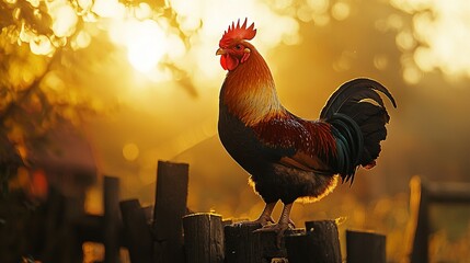 Canvas Print -   Rooster perched atop fence post, against backdrop of yellow, orange sky and trees