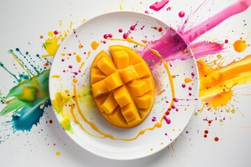 Sliced mango on vibrant paint splash background