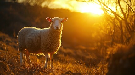 Wall Mural -   A sheep standing in a field, basking in the sunlight with its head turned to the side