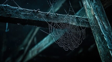   Spider web close-up on dark wooden beam with water droplets