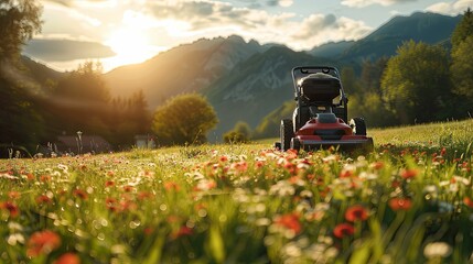 A Red Lawn Mower in a Field of Flowers at Sunset