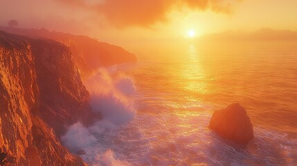   The sun is setting over the ocean with a rock formation in the foreground and waves crashing on the shore