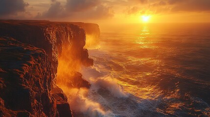 Poster -   As the sun sets over the vast ocean, waves crash against the rugged cliff face on its edge