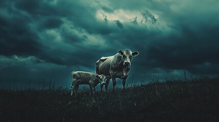 Poster -   A pair of cows grazing on a green field beneath a cloudy sky with numerous clouds overhead