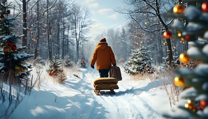 Joyful winter adventure with a festive sled amidst snow-covered trees and holiday cheer