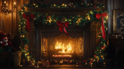 Wall Mural -   A Christmas-decorated fireplace features red bows, green garland, and a  bear on the mantel