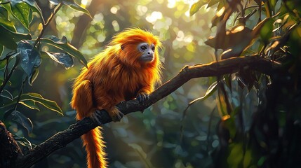 Canvas Print -   A monkey on a tree branch, illuminated by sunlight filtering through the leaves above