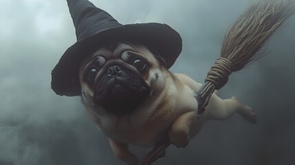 Pug in a Witch Hat Flying on a Broomstick Through a Whimsical and Eerie Halloween Sky  Quirky and Supernatural Digital of a Mischievous Pet Creature Soaring Through a Mysterious Autumn Landscape