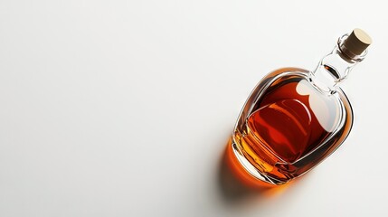   A bottle of liquor sits atop a white table, with a corkscrew perched on its neck