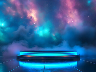 Wall Mural - futuristic stage with neon lights against a cosmic background, creating a vibrant and colorful atmos